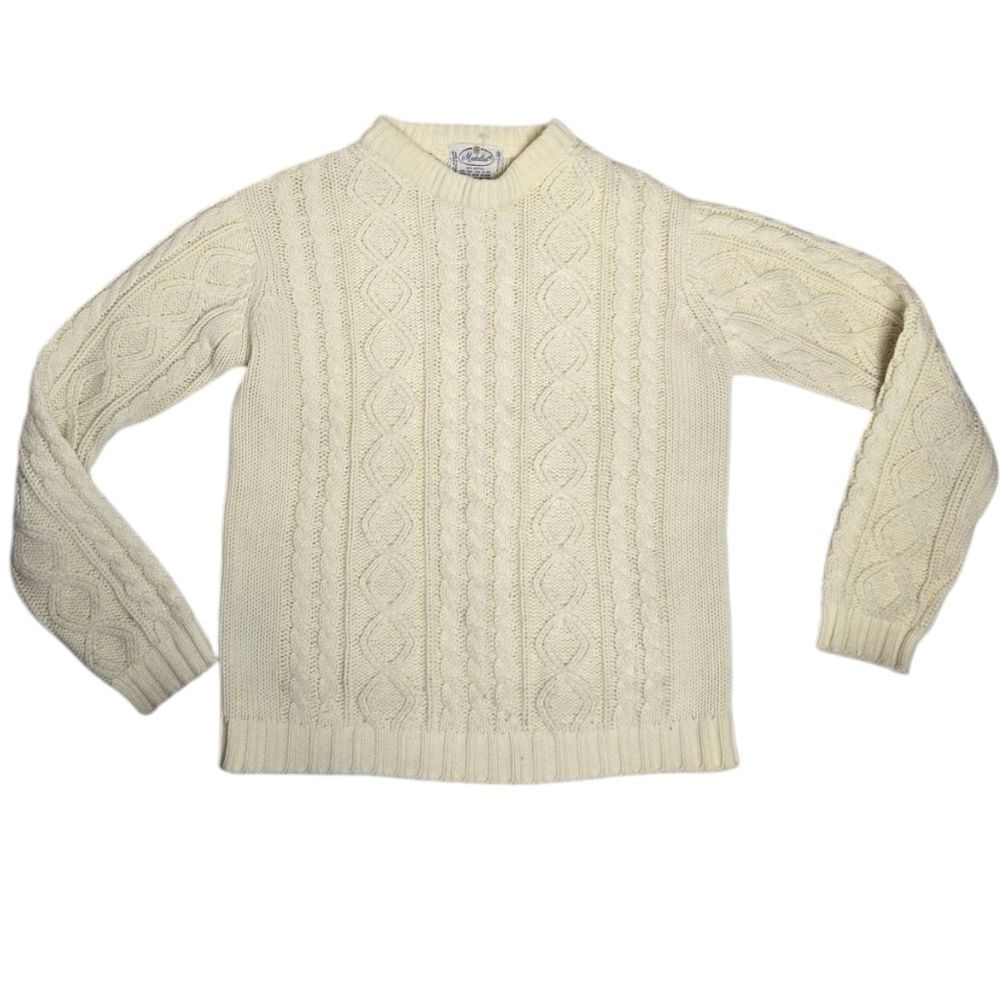 VINTAGE 70s ivory cable knit fishermans crew neck sweater unisex S/M